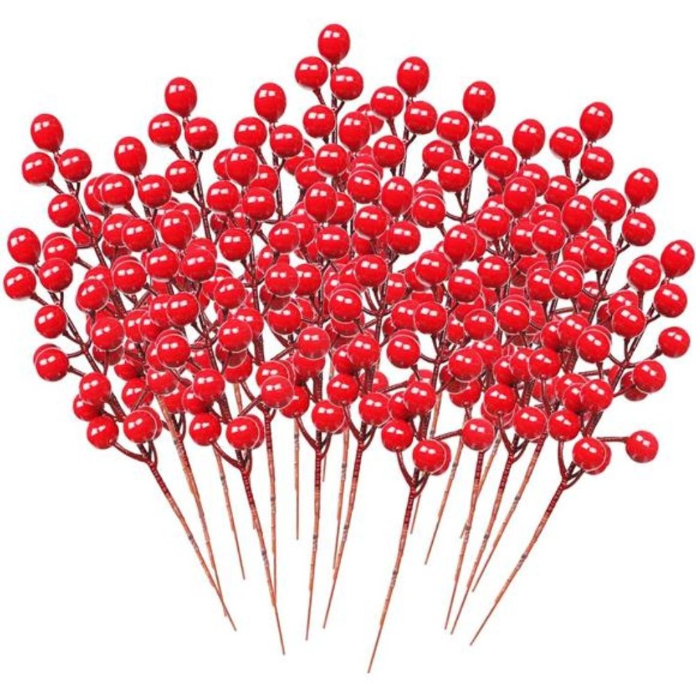 48 Pack Christmas Red Berries Set, Artificial Christmas Red Berry Stems